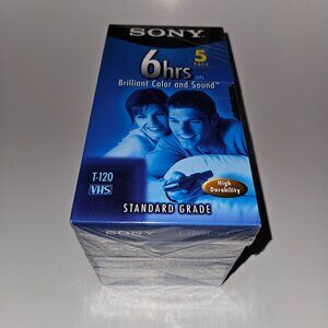 NOS Sony 5-Pack Blank VHS Tape Lot 6 Hours T-120 FACTORY SEALED